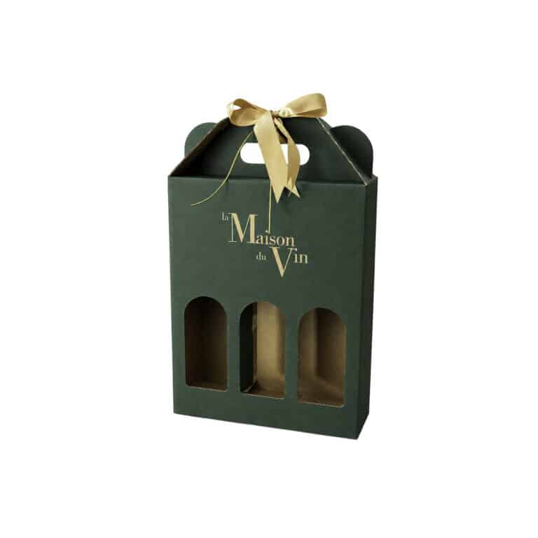 Green carton gift box for three standard 750ml wine bottles with gold La Maison du Vin ribbon