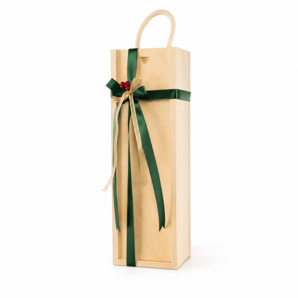 Wooden gift box for one standard 750ml wine bottle with green ribbon and carrying handle