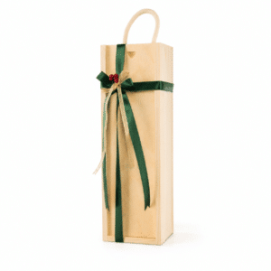 Wooden gift box for one standard 750ml wine bottle with green ribbon and carrying handle