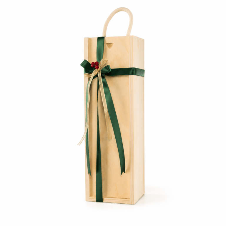Wooden gift box for one standard 750ml wine bottle with green ribbon and carrying handle