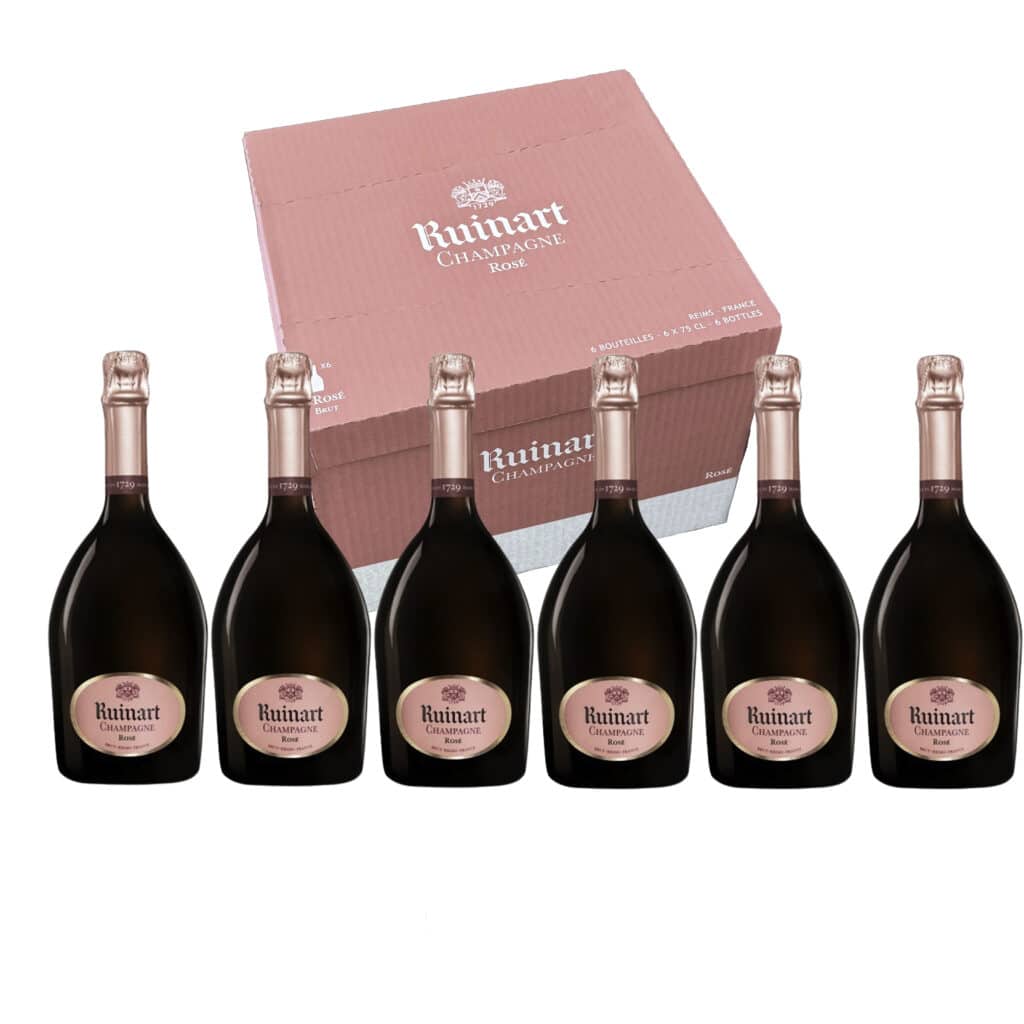 Ruinart Rosé is a blend of the Freshness of Chardonnay, which is the signature taste of Ruinart, and the Fruitiness of Pinot Noir - case of 6 bottles ( each 750ml)
