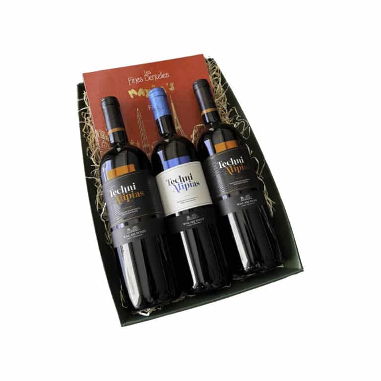 GIFT TRAY WITH 2 TECHNI RED, 1 TECHNI WHITE & MAXIMS BISCUITS - La Maison du vin - exlusive baskets - wine basket - corporate gifts