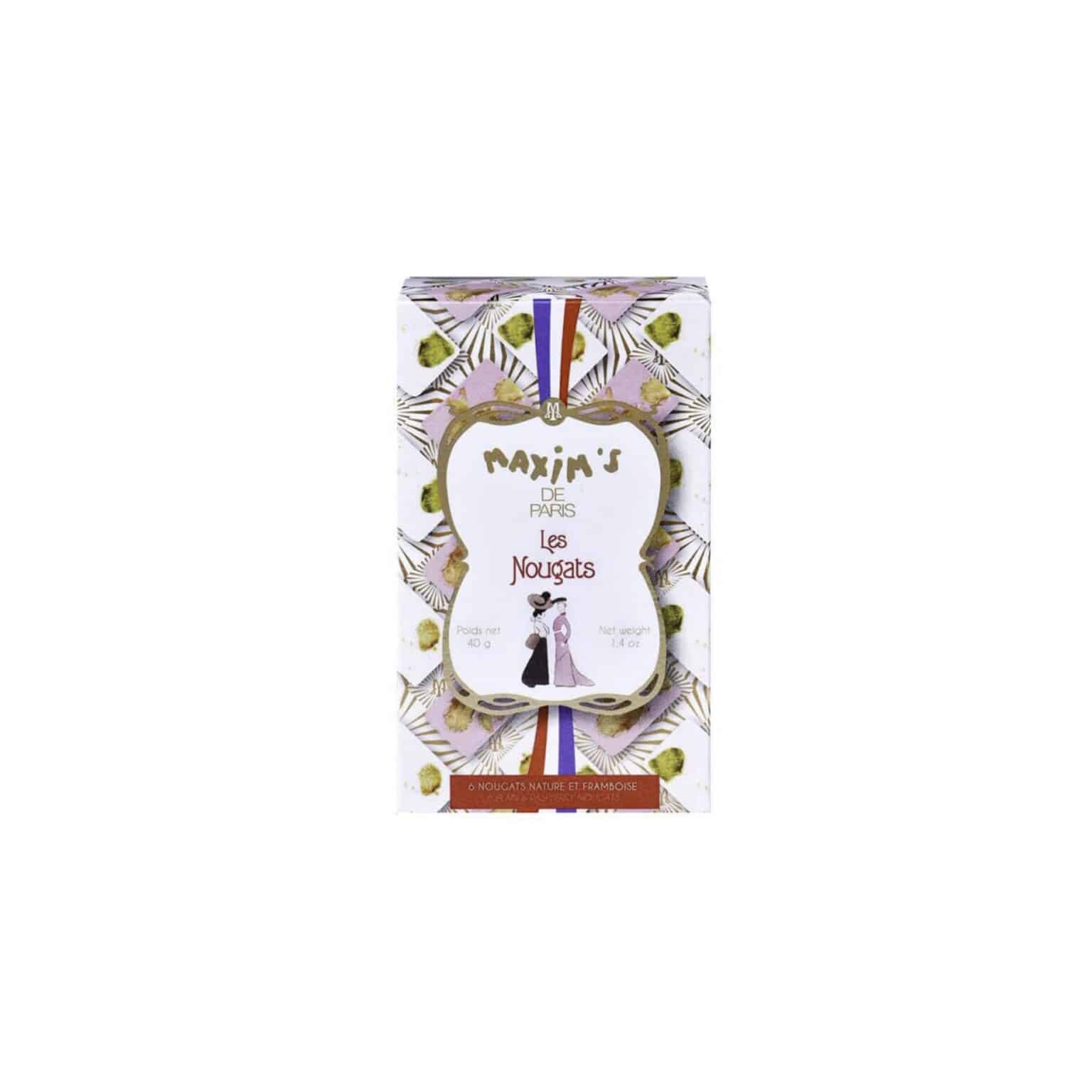 Cardbox of 6 French nougats made in Provence, 3 vanilla and 3 raspberry, individually wrapped