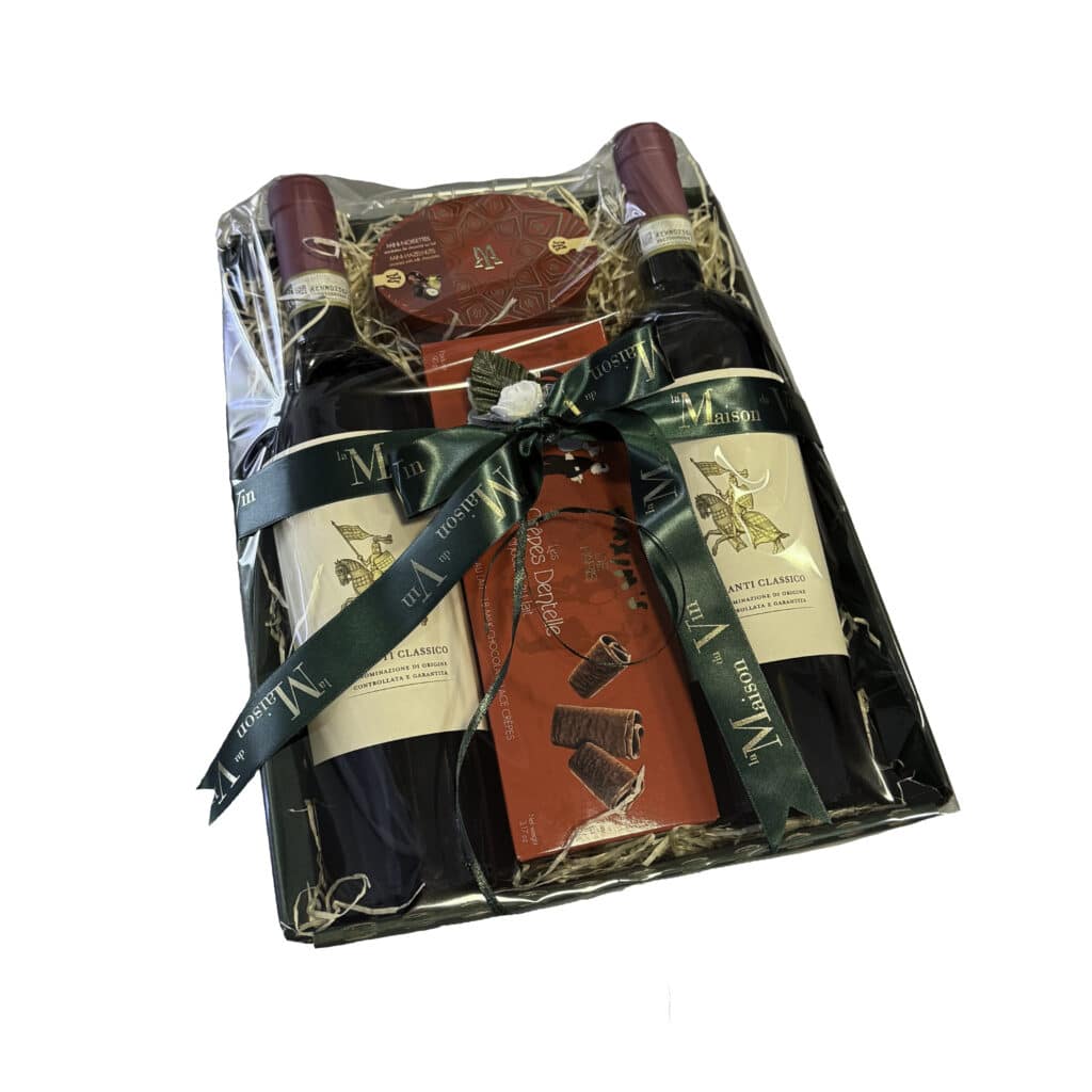 Gift tray with 2 Chianti Classico Gabbiano wines and Maxim’s de Paris chocolates