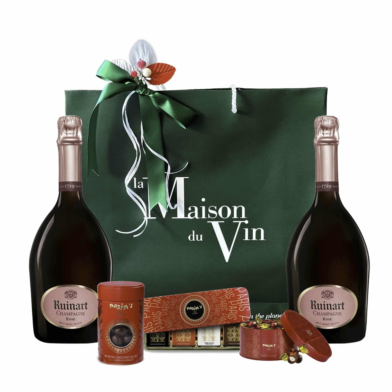 RUINART ROSE DUO IN LUXURY GREEN GIFT BAG WITH MAXIMS DE PARIS CHOCOLATES
