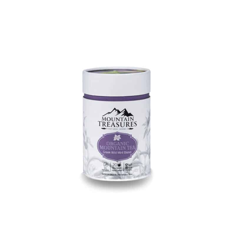 Organic Greek mountain tea and wild mint blend in a decorative canister with tea bag visible
