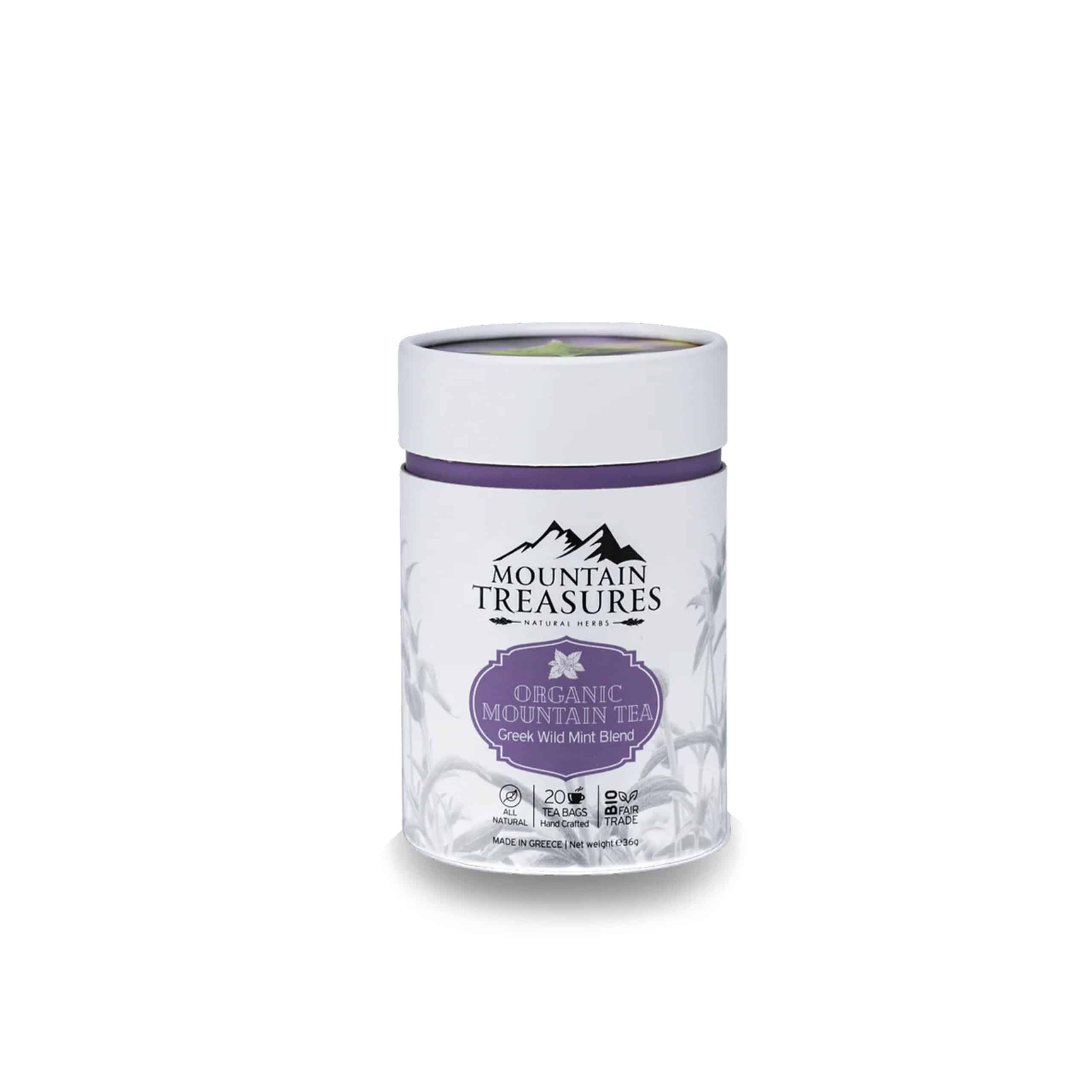 Organic Greek mountain tea and wild mint blend in a decorative canister with tea bag visible