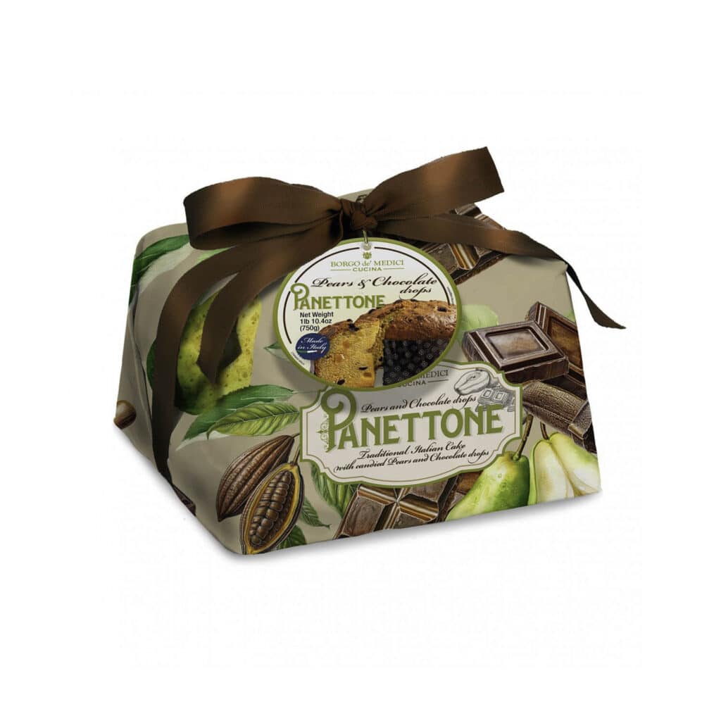 A refined harmony of tender pears and dark chocolate — the taste of Tuscan artistry. Borgo de Medici Panettone