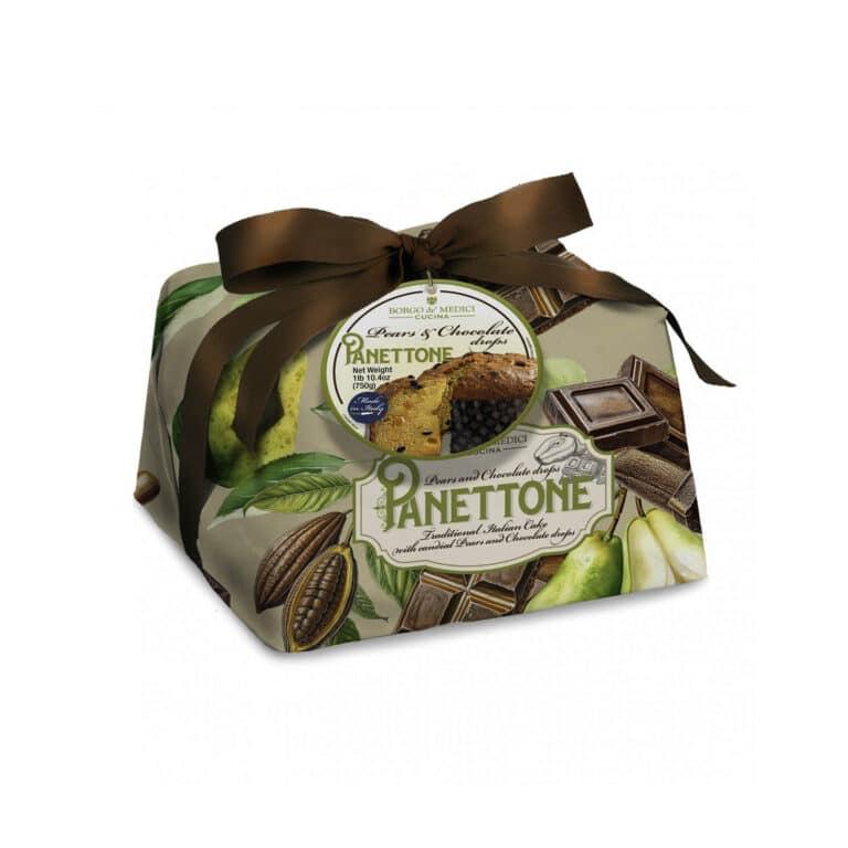 A refined harmony of tender pears and dark chocolate — the taste of Tuscan artistry. Borgo de Medici Panettone