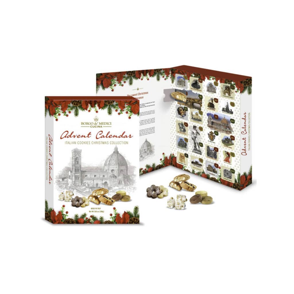 Tuscan Sweet Advent Calendar contains: Assortment of Almond and Chocolate Biscotti, flavoured cookies and soft nougat.