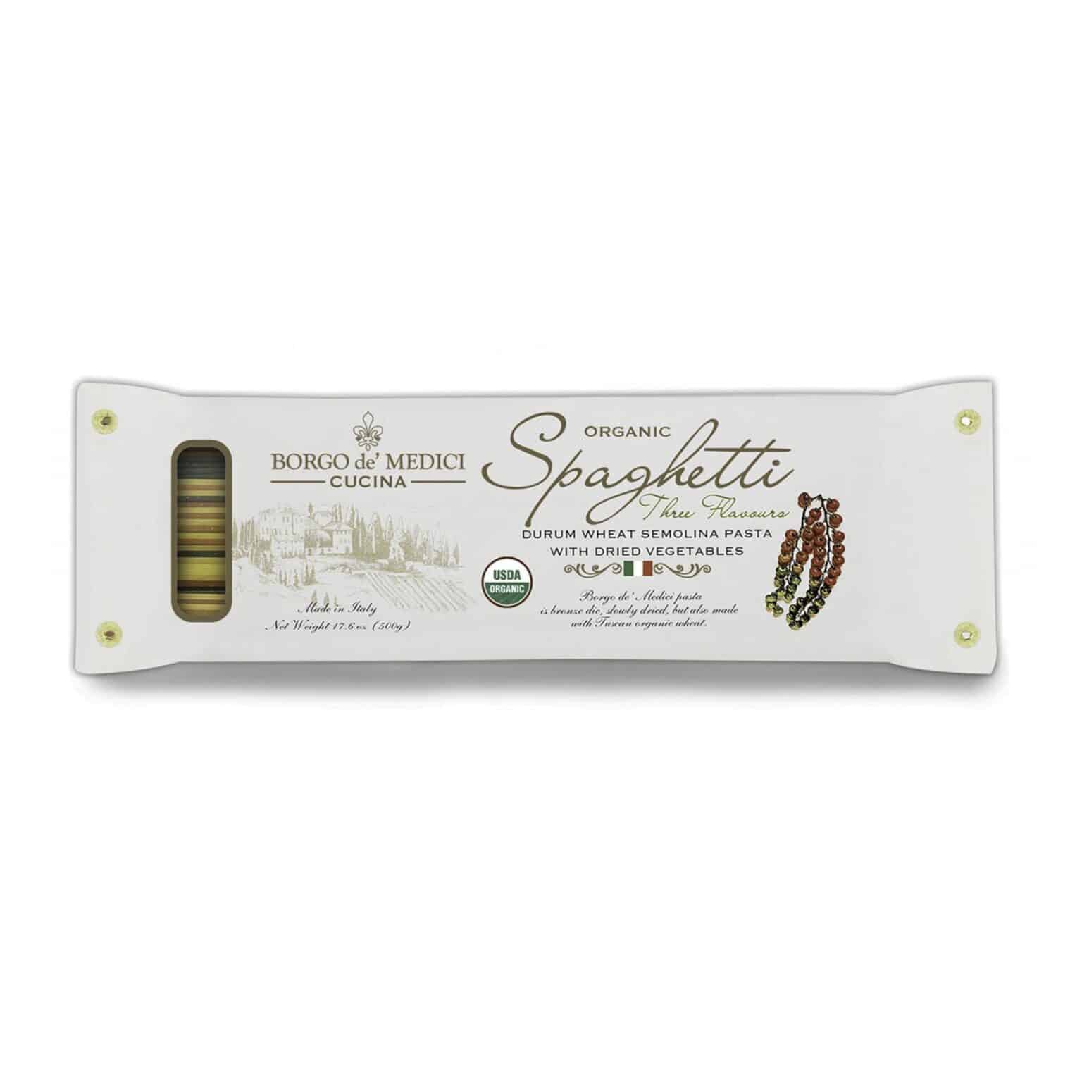 Three-color spaghetti Borgo de 'Medici is a delicious and colorful pasta dish that will amaze your guests. Prepared with the best flour and organic ingredients, they are perfect to be served on any occasion