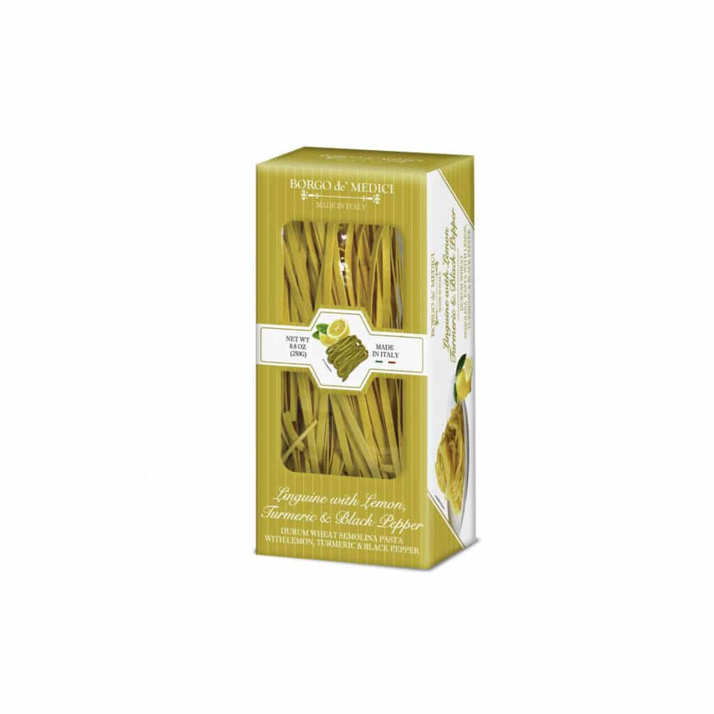 Borgo de' Medici organic linguine pasta with lemon turmeric and black pepper from Tuscany Italy