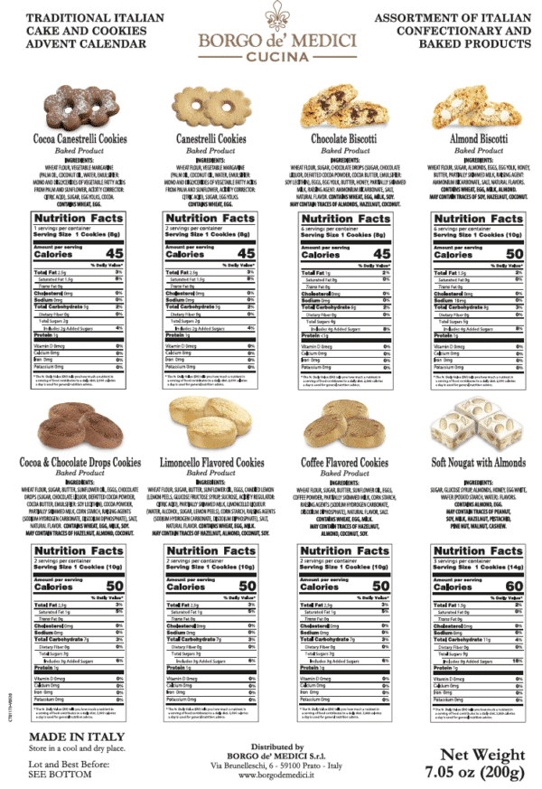 Tuscan Sweet Advent Calendar contains: Assortment of Almond and Chocolate Biscotti, flavoured cookies and soft nougat. La Maison du vin