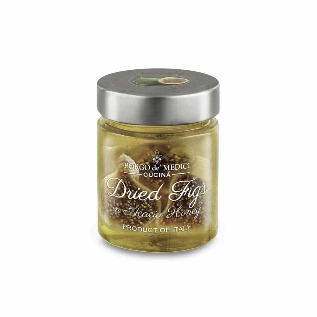 Borgo de Medici Dried Figs in acacia honey is harvested in Tuscany. Pure Acacia Honey is produced by the most intact beekeeper craftsmen of the Tuscan countryside before being processed. Acacia honey has a delicate flavor, sweet, vanilla and almonds from Sugared faintly from tasting. A clear liquid, light-colored Honey, retains its shape for a long time.