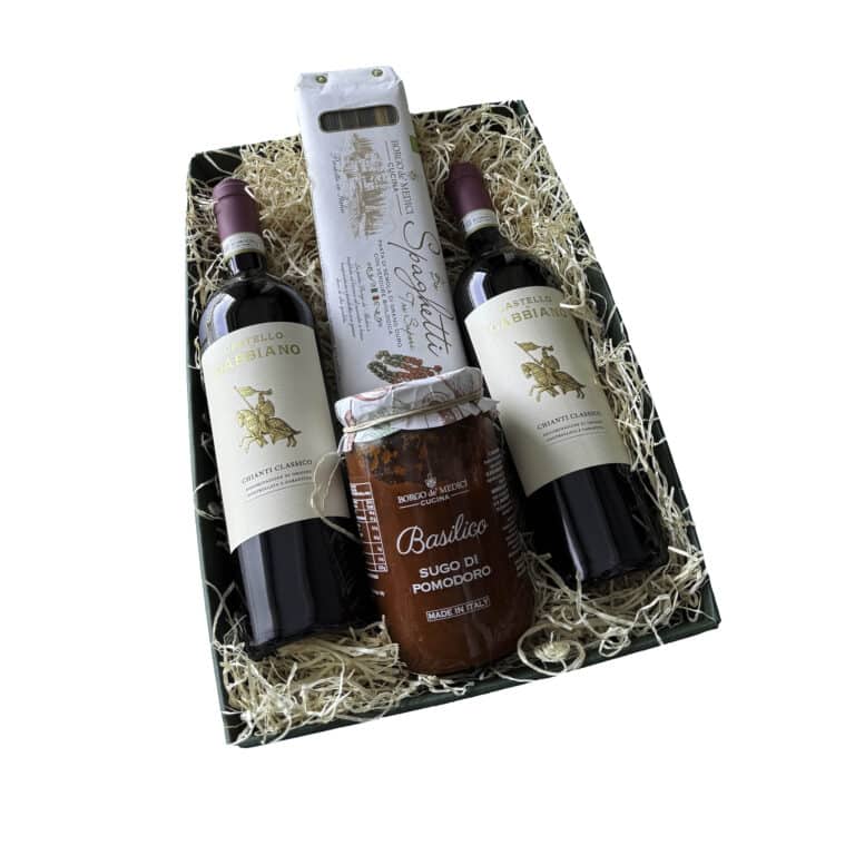 GIFT TRAY WITH 2 CHIANTI CLASSICO GABBIANO, 3 COLOUR SPAGETTI & TOMATO SAUCE - gourmet tray - gourmet basket - food and wine