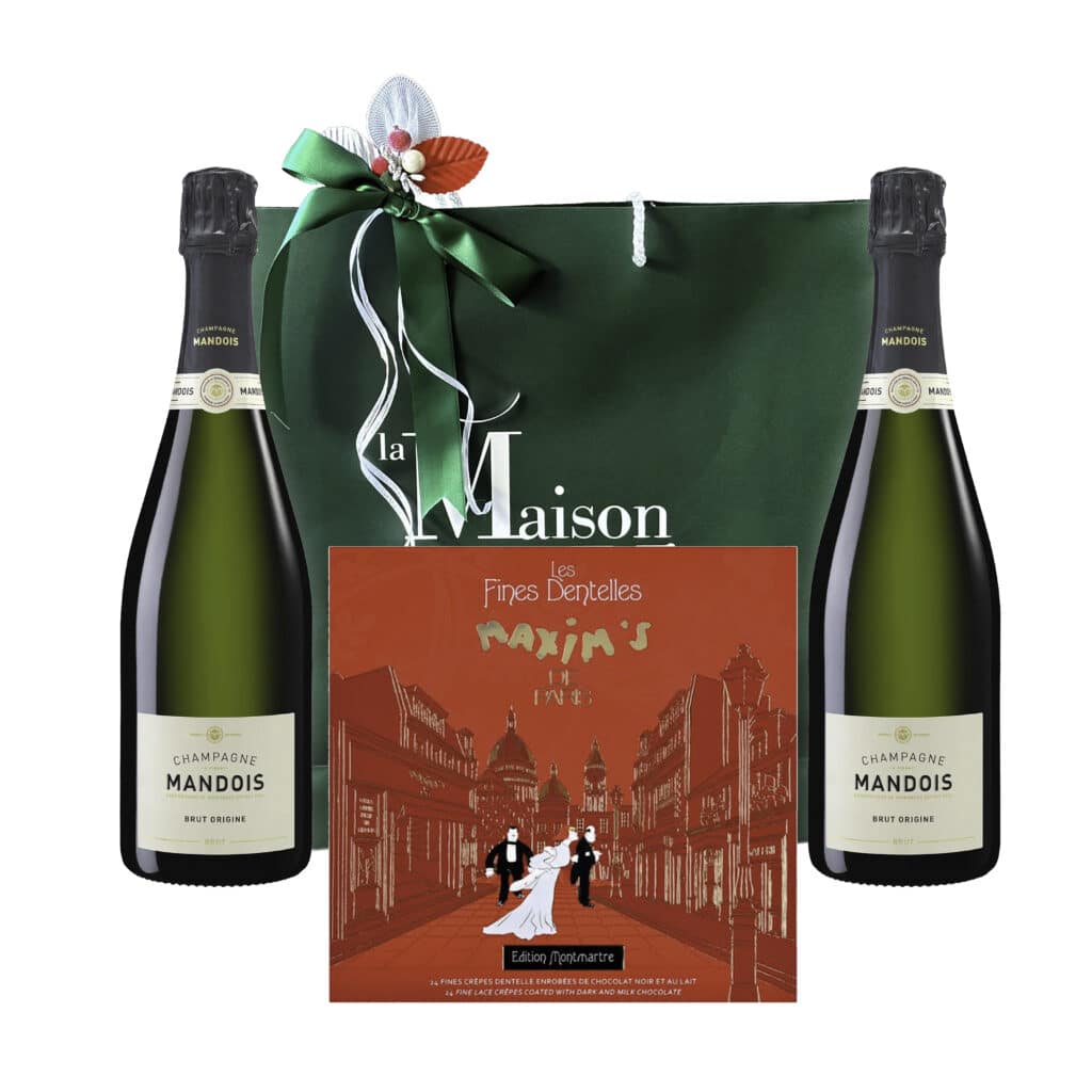 GIFT BAG GREEN LUXURY WITH 2 MANDOIS ORIGINE & CHOCOLATES - champagne gift bag