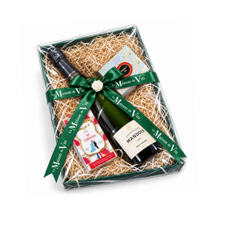 Mandois Brut Origine Champagne with Maxim’s cocoa truffles and French calissons in a green gift tray