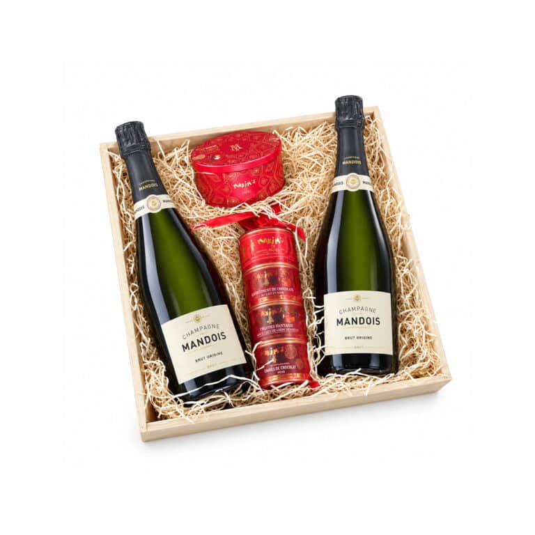 Champagne gift basket with two Mandois Brut Origine bottles, Maxim’s terrines and chocolates