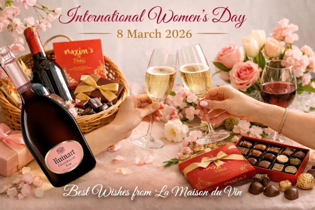 International Women’s Day 8 March 2026 celebration with Champagne, wine gift basket, chocolates, and flowers from La Maison du Vin Cyprus