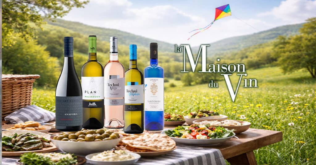 Green Monday picnic in Cyprus countryside with traditional Lenten dishes, green hills, and kite flying in spring landscape