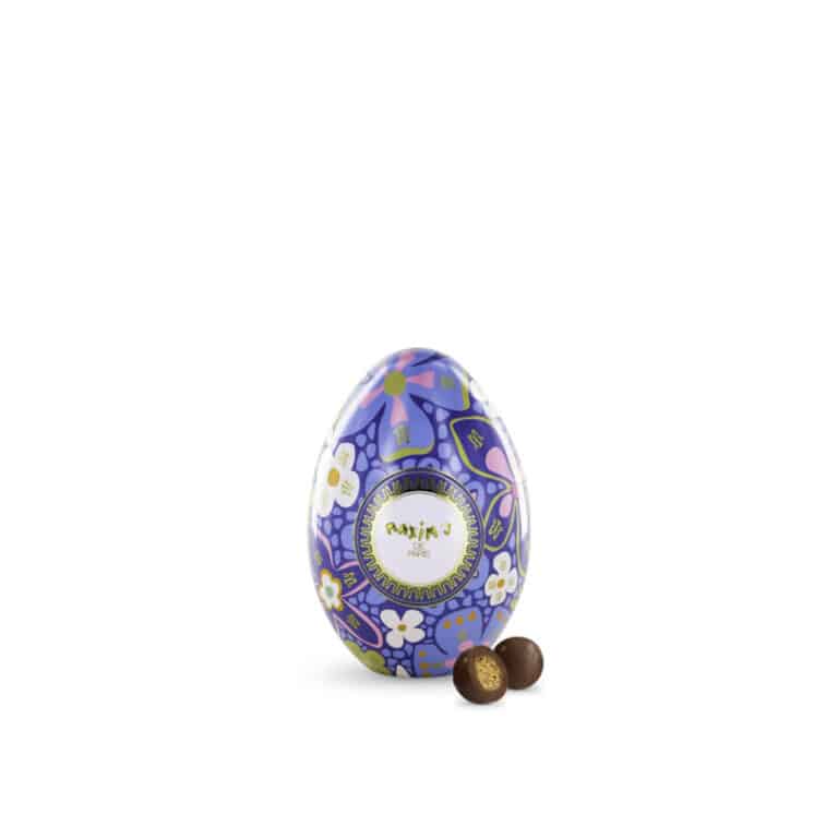 Maxim’s blue mini metal egg tin with milk chocolate cereal pearls Easter chocolate gift