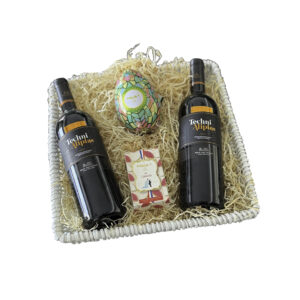Easter basket with Techni Alipias red wine and Maxim’s chocolate egg gift set