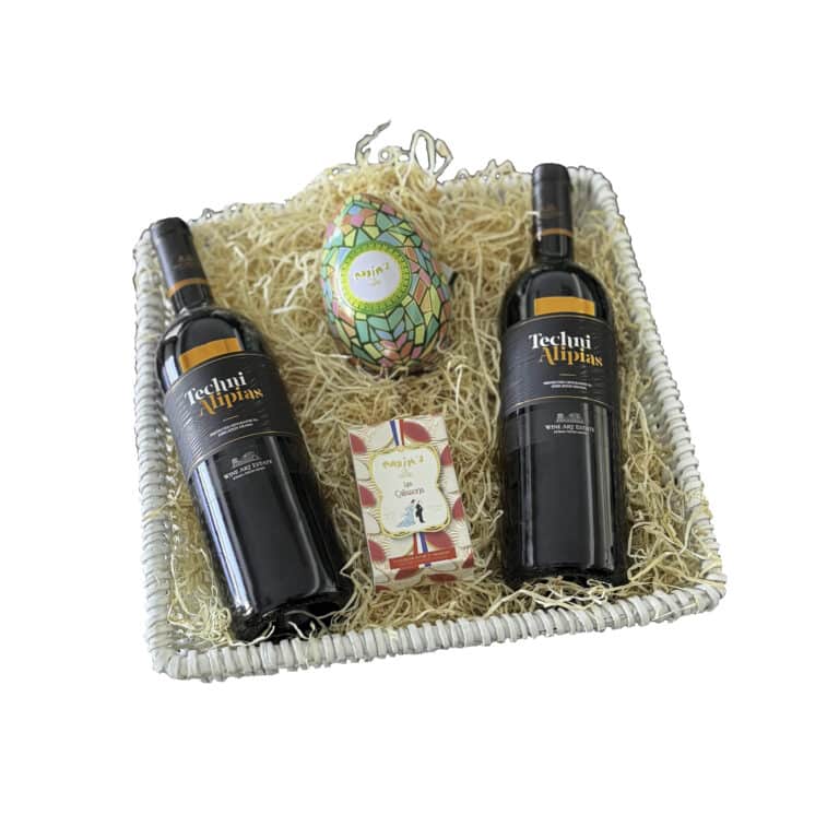 Easter basket with Techni Alipias red wine and Maxim’s chocolate egg gift set