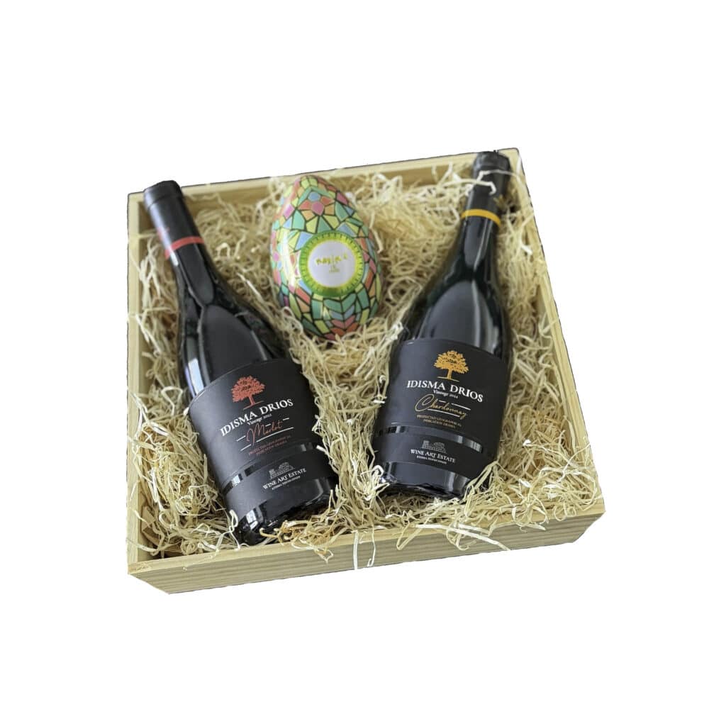 gift wooden tray with Idisma Drios Merlot Chardonnay and Maxim’s Easter chocolate egg - corporate easter gift