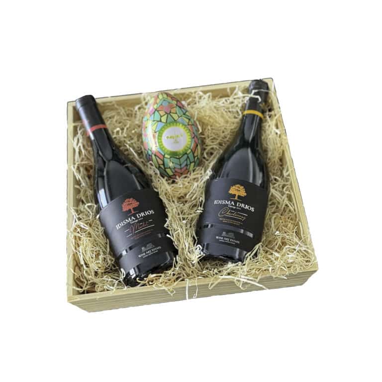 gift wooden tray with Idisma Drios Merlot Chardonnay and Maxim’s Easter chocolate egg - corporate easter gift