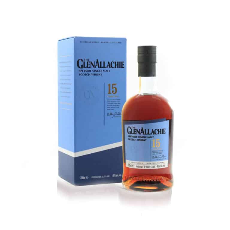 Bottle of GlenAllachie 15 Year Old Speyside Single Malt Scotch Whisky matured in Pedro Ximénez and Oloroso sherry casks, available at La Maison du Vin Cyprus.