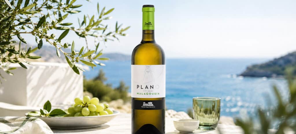 Plano Malagouzia Greek white wine by Wine Art Estate served with Mediterranean seafood