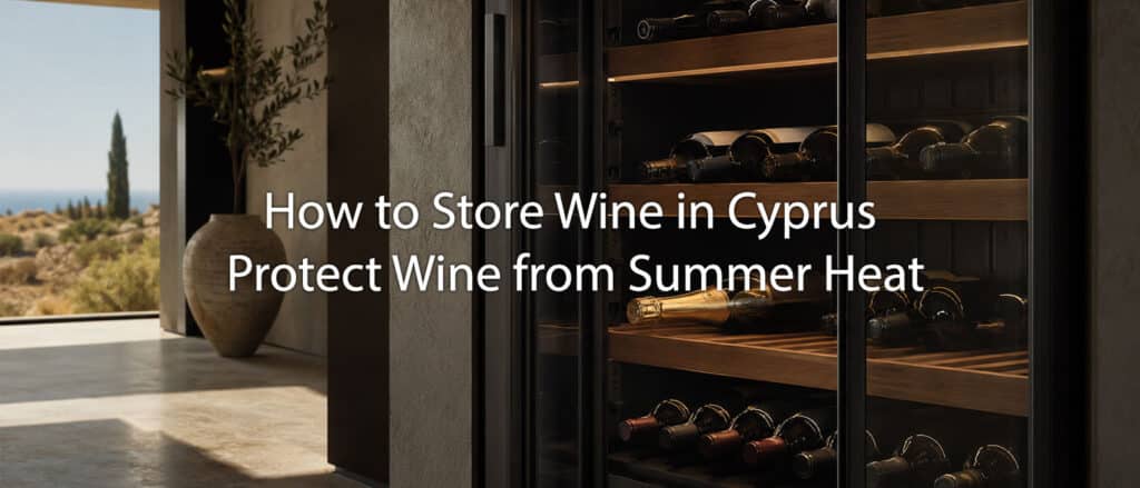 Wine stored safely in a temperature-controlled cabinet during the Cyprus summer