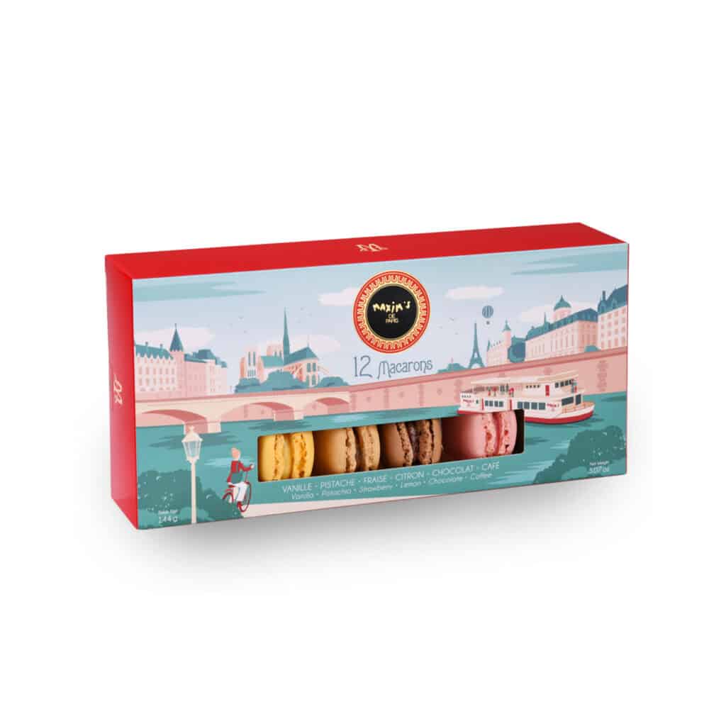 Maxim’s de Paris assortment of 12 macarons in six flavours