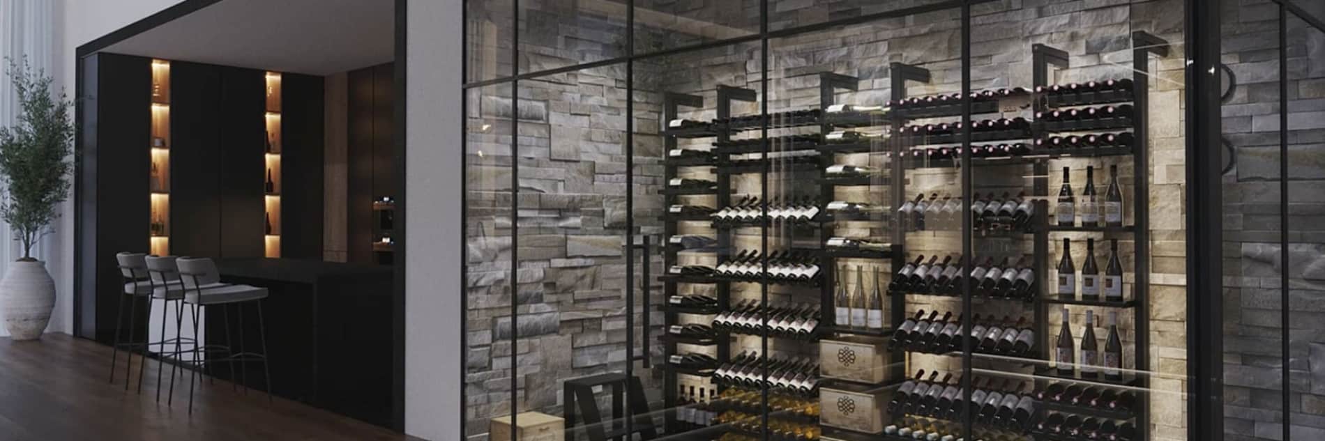 EuroCave Modulo-X black metal wine racks in a modern wine room