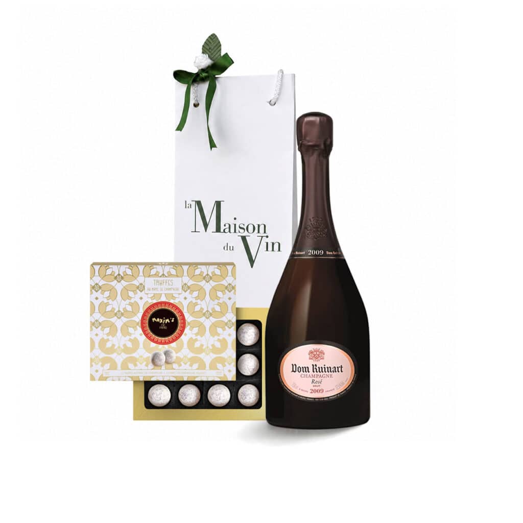 Gift bag with Dom Ruinart Rosé Champagne and Maxim’s Champagne Truffles