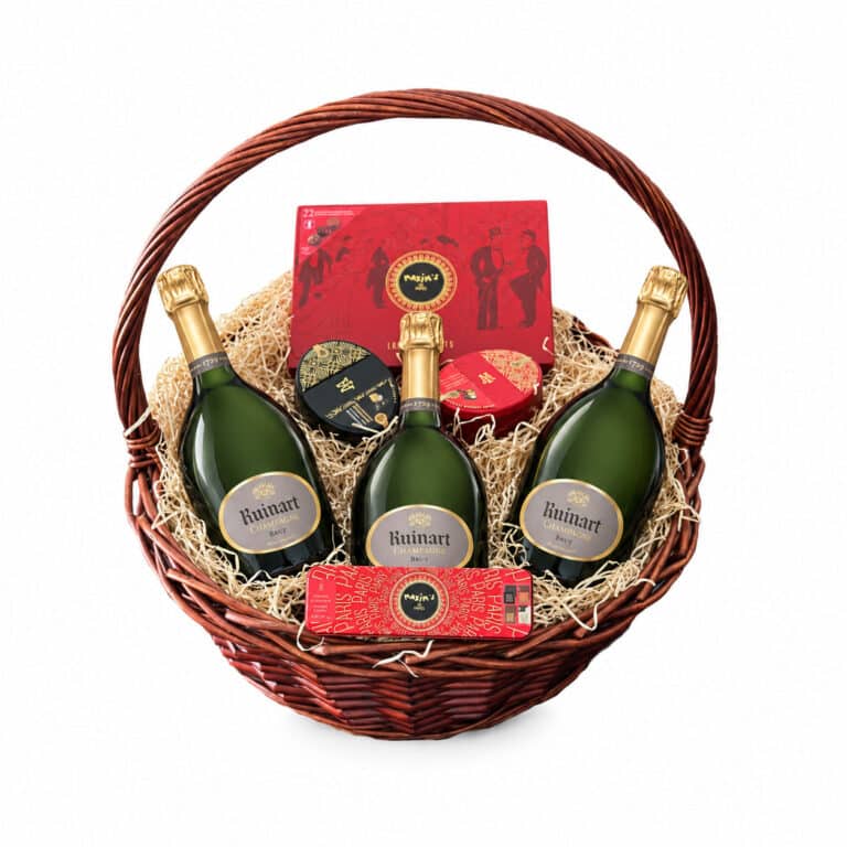 Ruinart Grand Trio gift basket with three Ruinart Brut bottles and Maxim’s chocolates