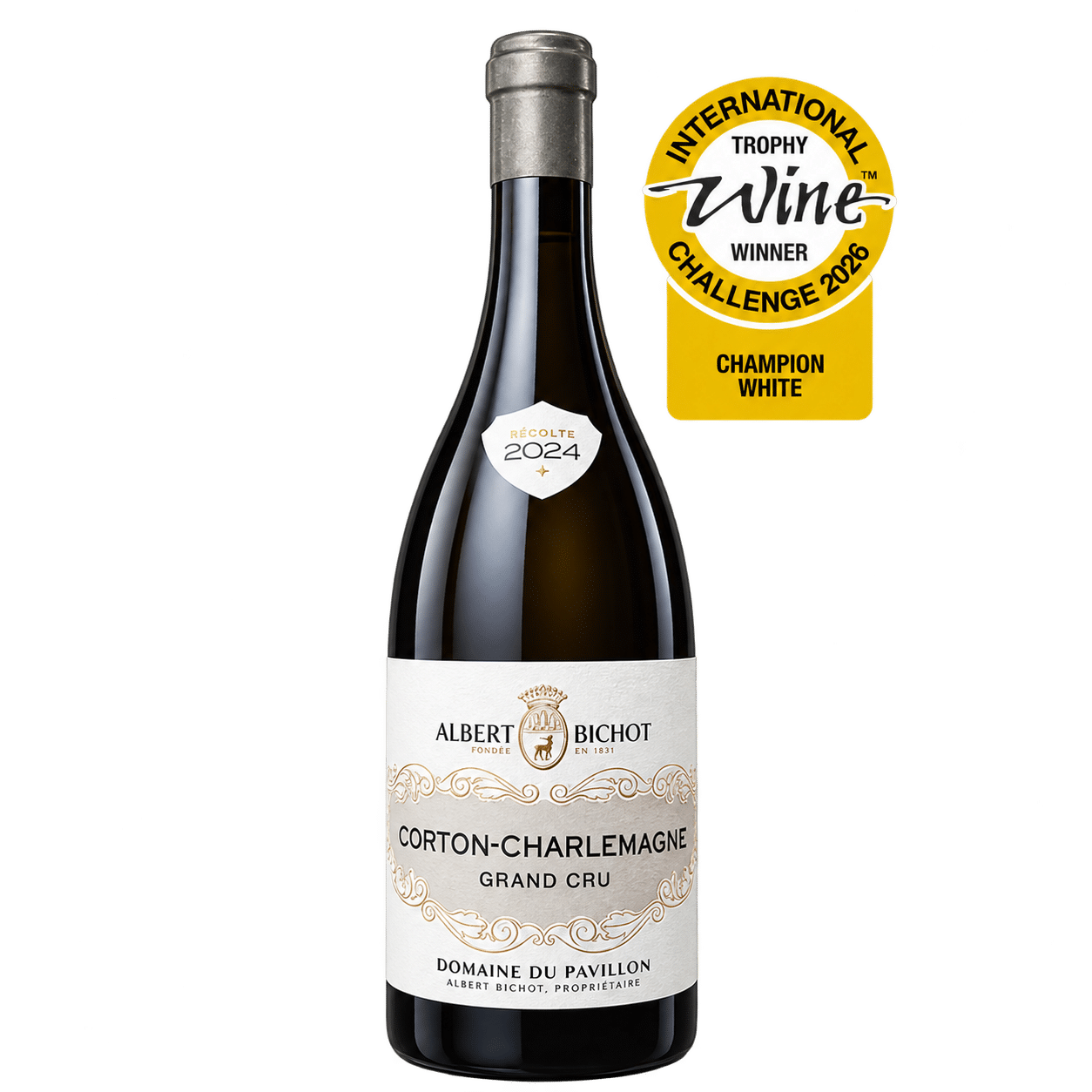Transparent bottle of Domaine du Pavillon Corton-Charlemagne Grand Cru 2024 with Champion White 2026 award badge