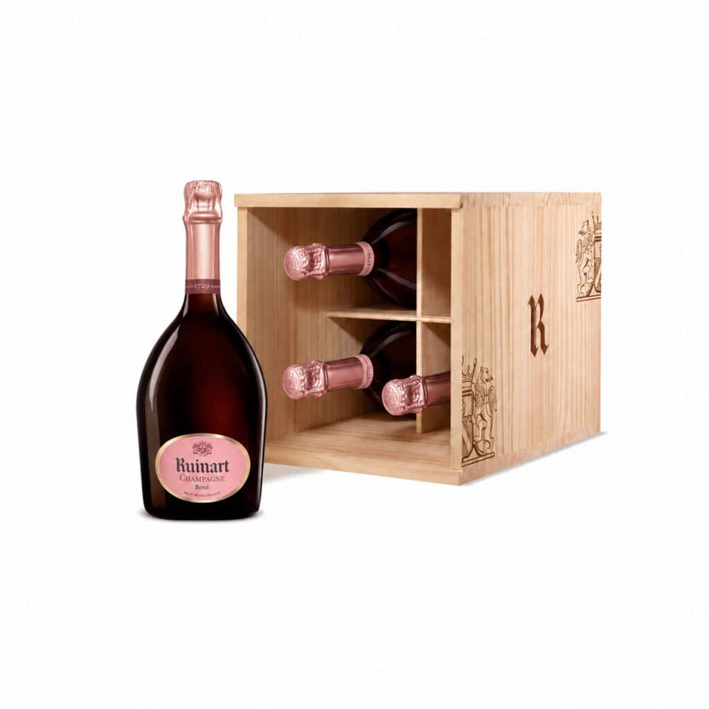 Wooden gift box containing four bottles of Ruinart Rosé Champagne