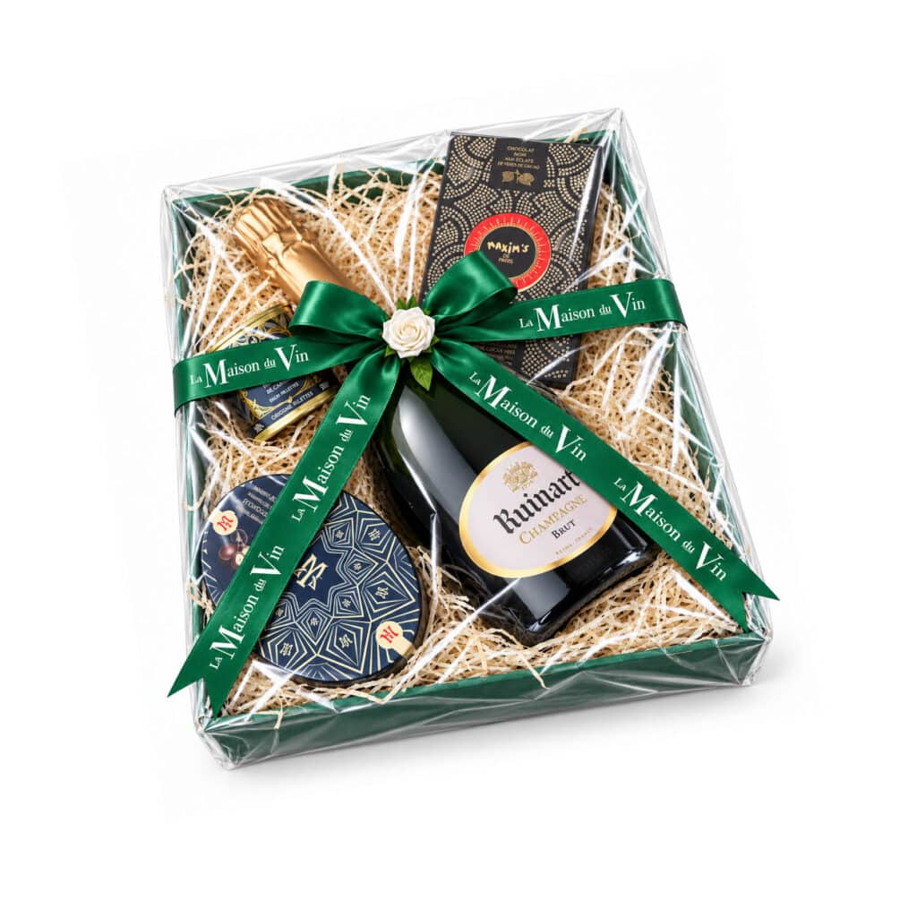 Ruinart Brut gift tray with foie gras and Maxim’s dark chocolates from La Maison du Vin Cyprus