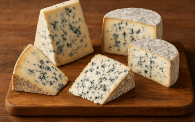 A selection of blue cheeses like Roquefort, Stilton, and Gorgonzola Piccante on a wooden cheese board, ideal for pairing with dessert wines and low-tannin reds.**