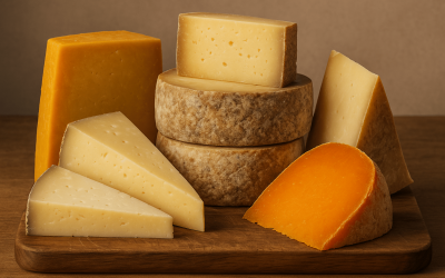 A selection of aged hard cheeses including Cheddar, Comté, Gruyère, Manchego, and Mimolette on a wooden board, ideal for wine pairing.